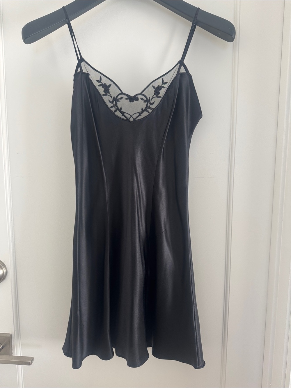 VS Black Satin Slip with Sheer Embroidered Neckline XS